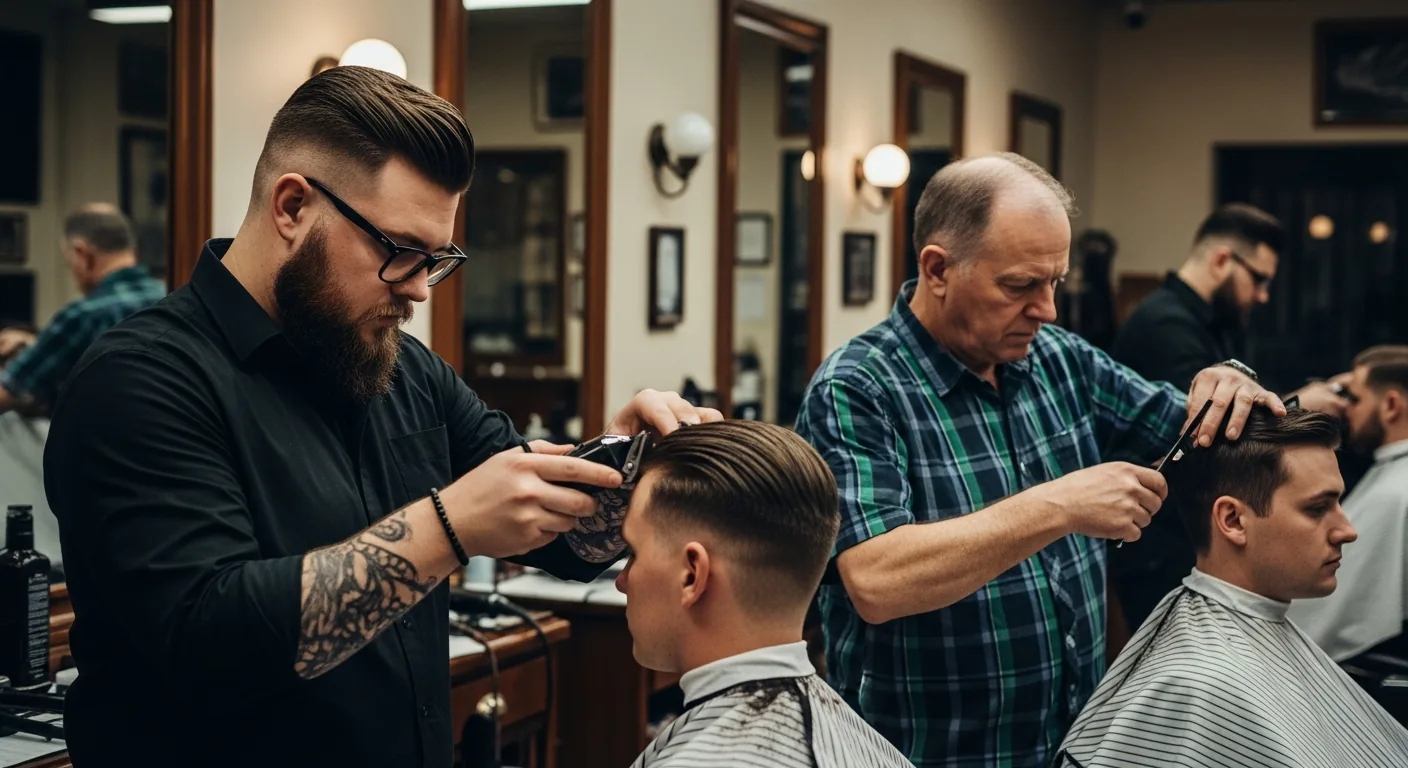 Patrick and his father Mark cutting hair side by side at Shy's Barbershop in Sparks, NV
