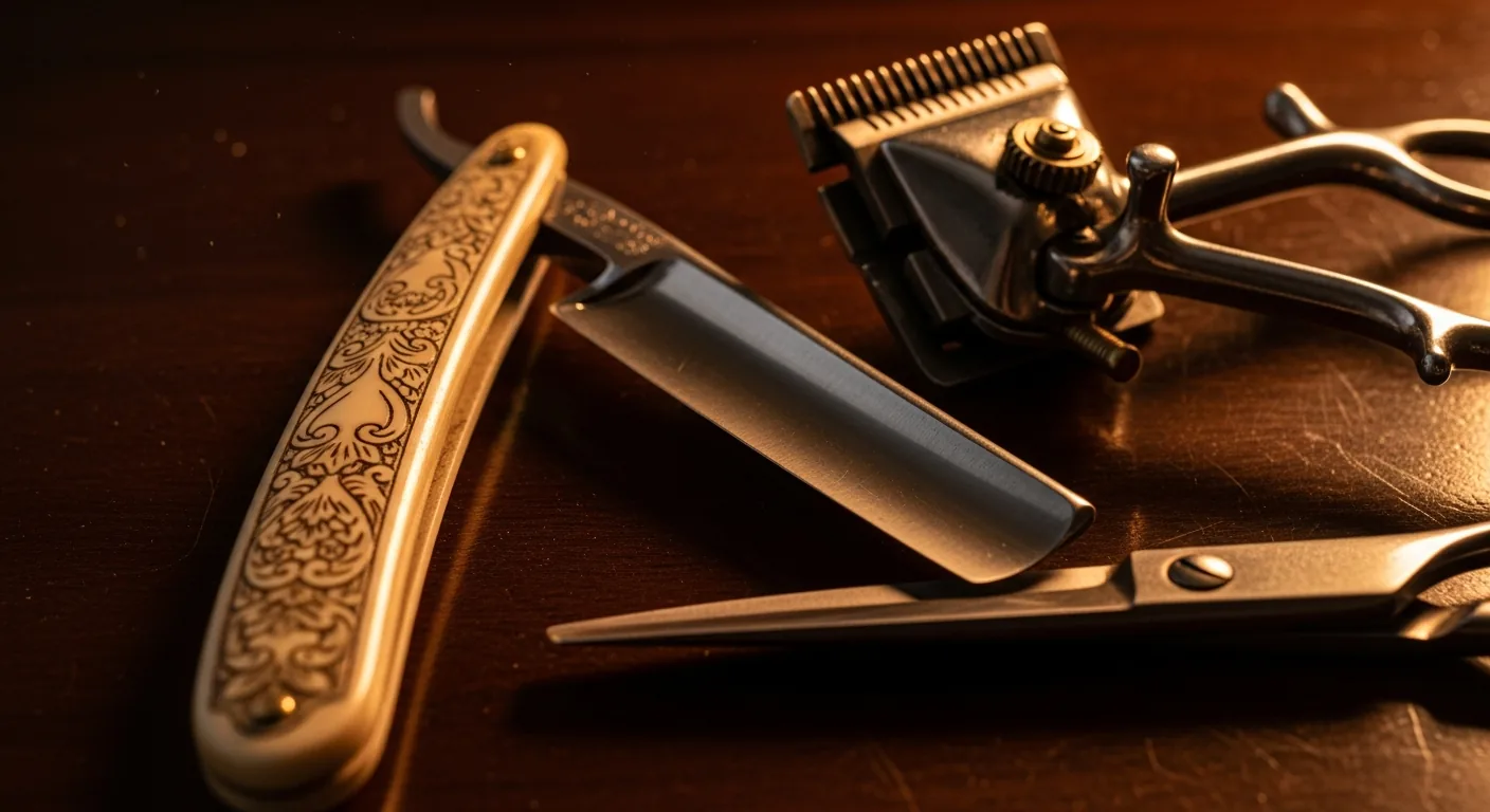 Classic barber tools and straight razors at Shy's Barbershop